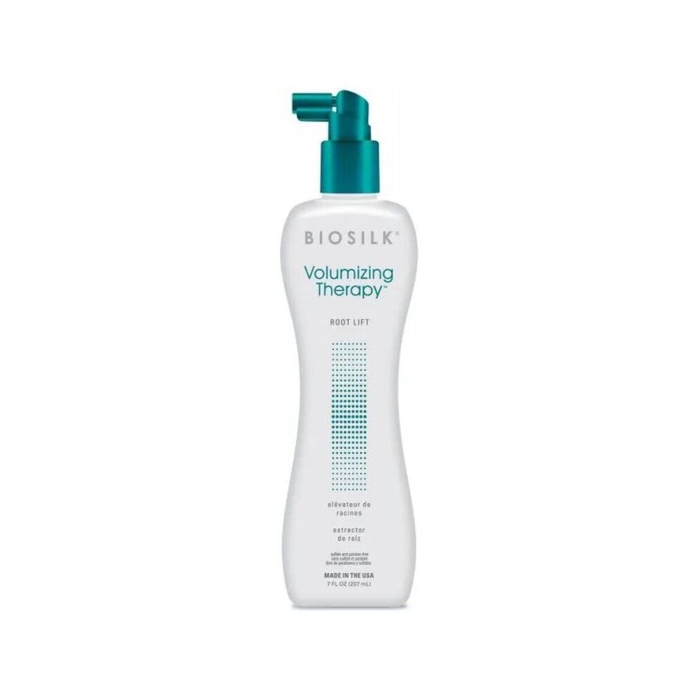 Flacone bianco con erogatore verde. Testo: Volumizing Therapy Root Lift. Marchio: Biosilk.