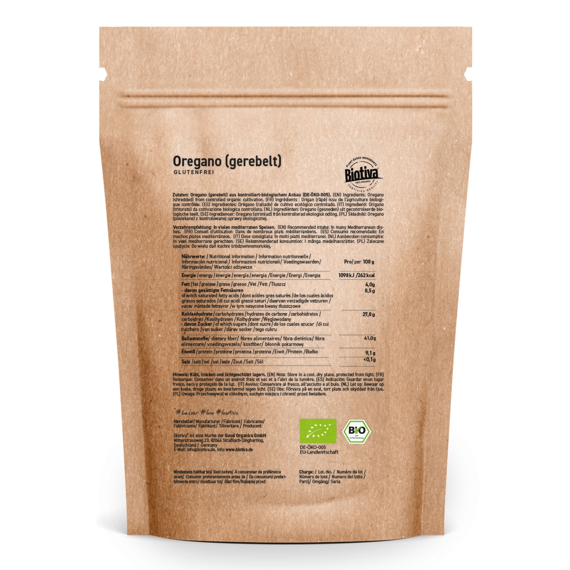 Retro della busta di origano. Marchio Biotiva, sigillo biologico. Informazioni sugli ingredienti e sul valore nutrizionale.