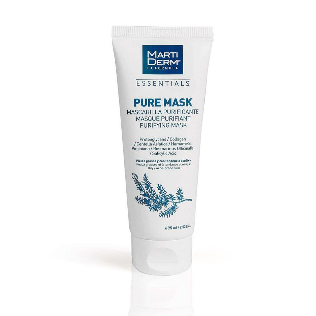 Tubo bianco con scritta blu: Marti Derm Essentials Pure Mask. Contiene 75 ml. Per pelli grasse e a tendenza acneica.