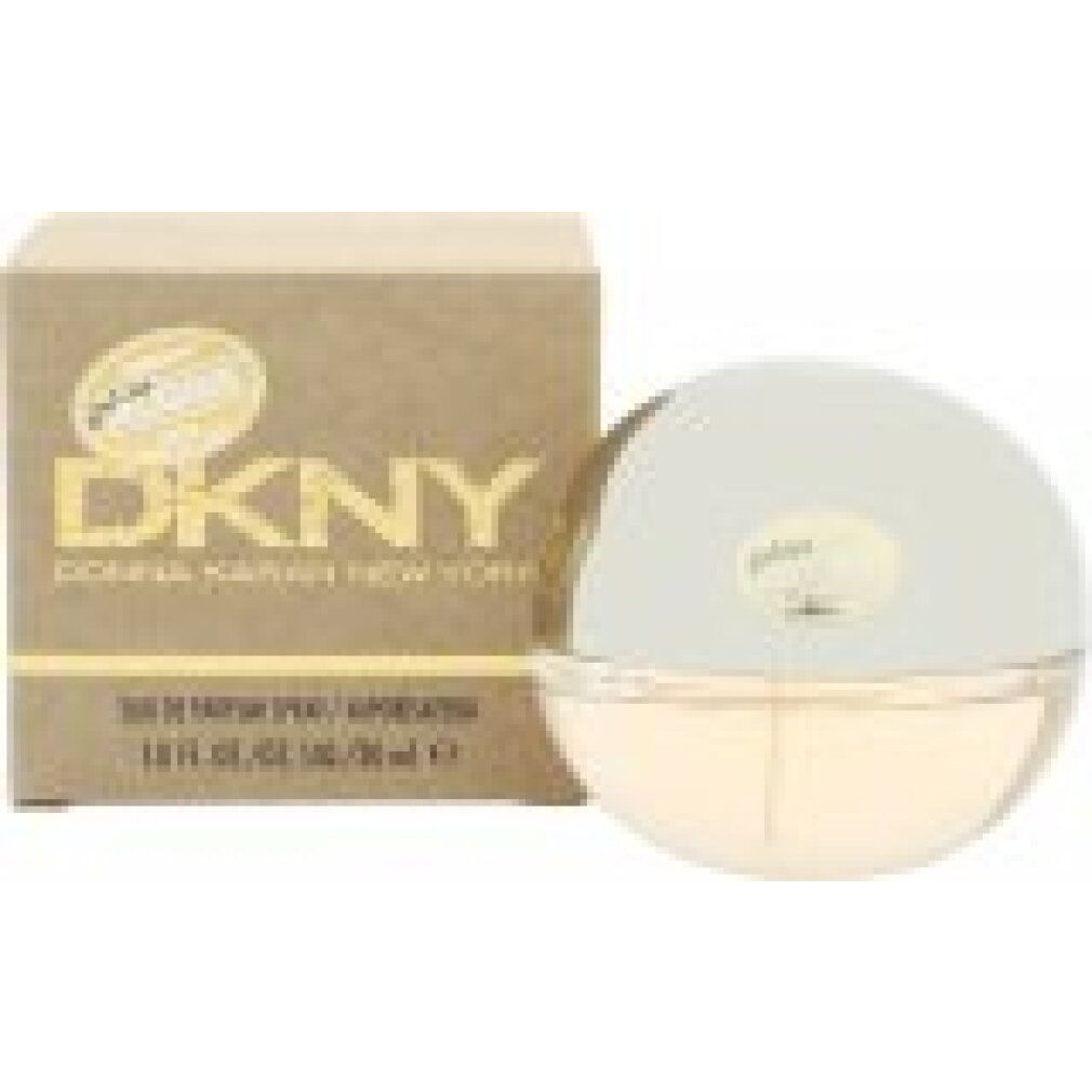 Flacone di profumo DKNY Golden Delicious e confezione. Colori oro e beige. Scritte: DKNY, Golden Delicious, Donna Karan New York. Vaporizzatore.