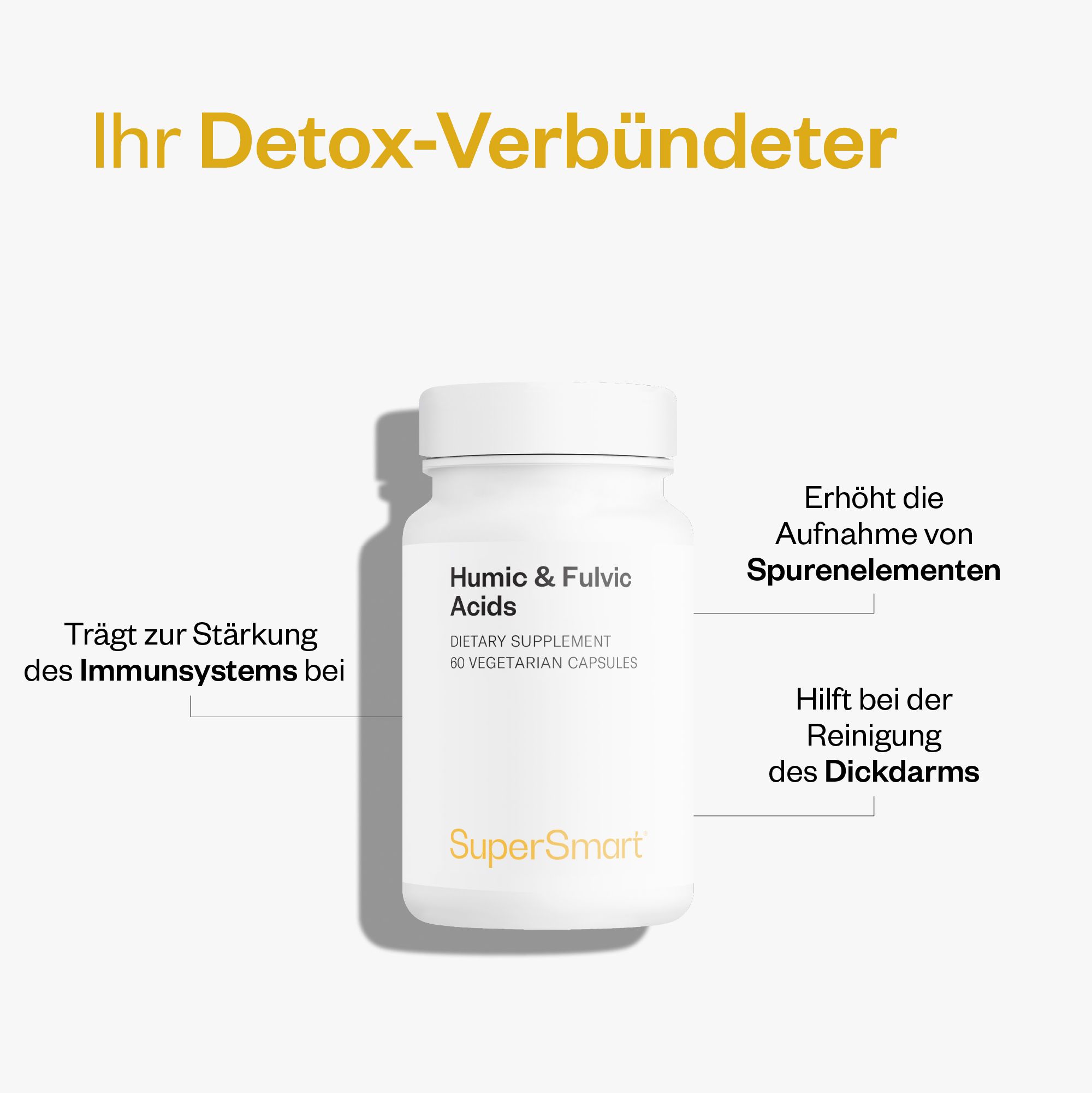 Flacone bianco con Humic & Fulvic Acids, 60 capsule vegetariane. Marchio SuperSmart.