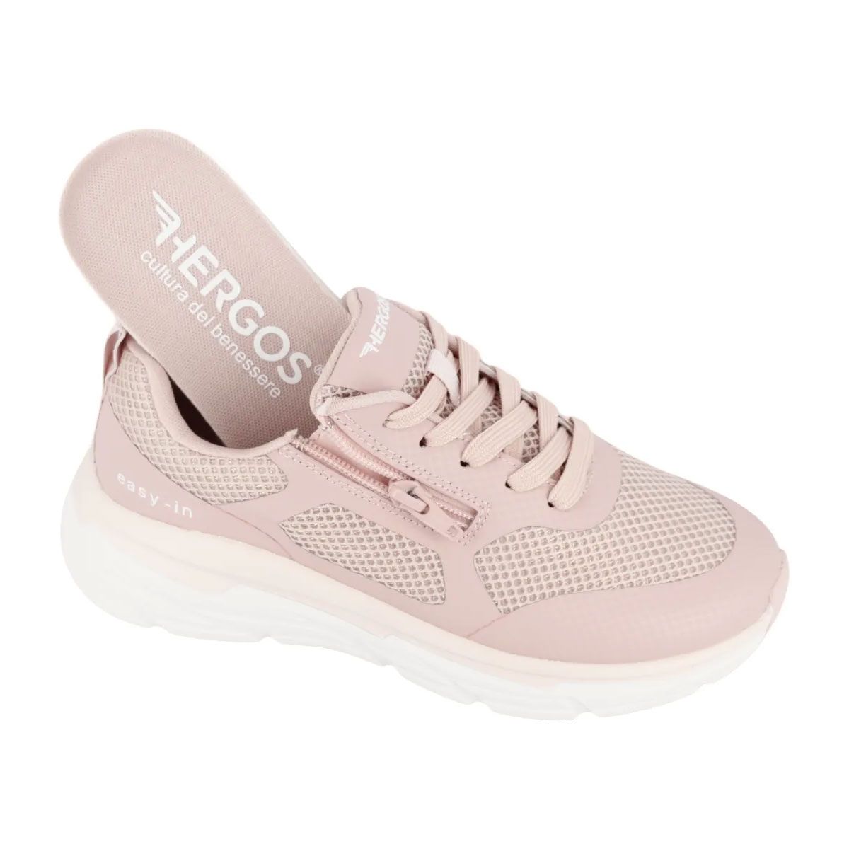 Scarpa da ginnastica rosa con soletta rimovibile. Inserti in mesh, zip. Marchio HERGOS. Suola bianca.