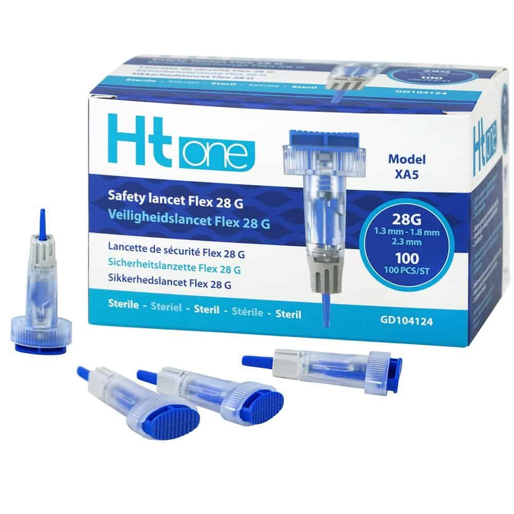 HT One Safety Lancet Flex 28G: Una lancetta di sicurezza e tre lancette singole, 28G, 1.3-1.8mm.