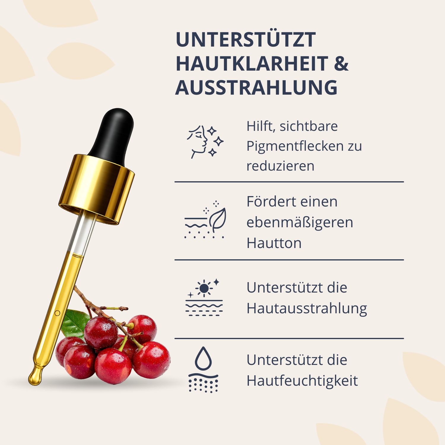 Contagocce con siero Golden Tree Spotless e ciliegie, accanto a icone per la chiarezza della pelle.