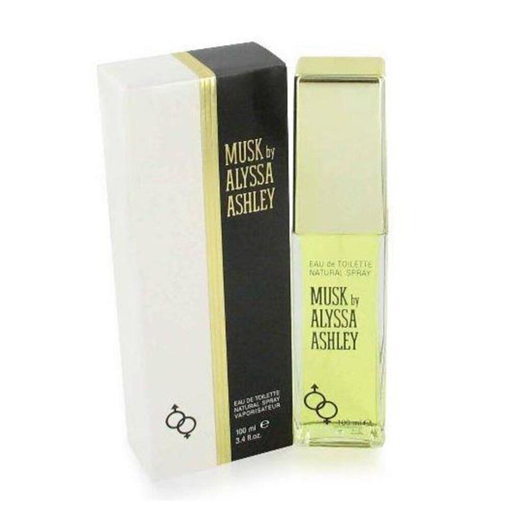 Flacone e confezione Alyssa Ashley Musk Eau de Toilette, vista laterale.