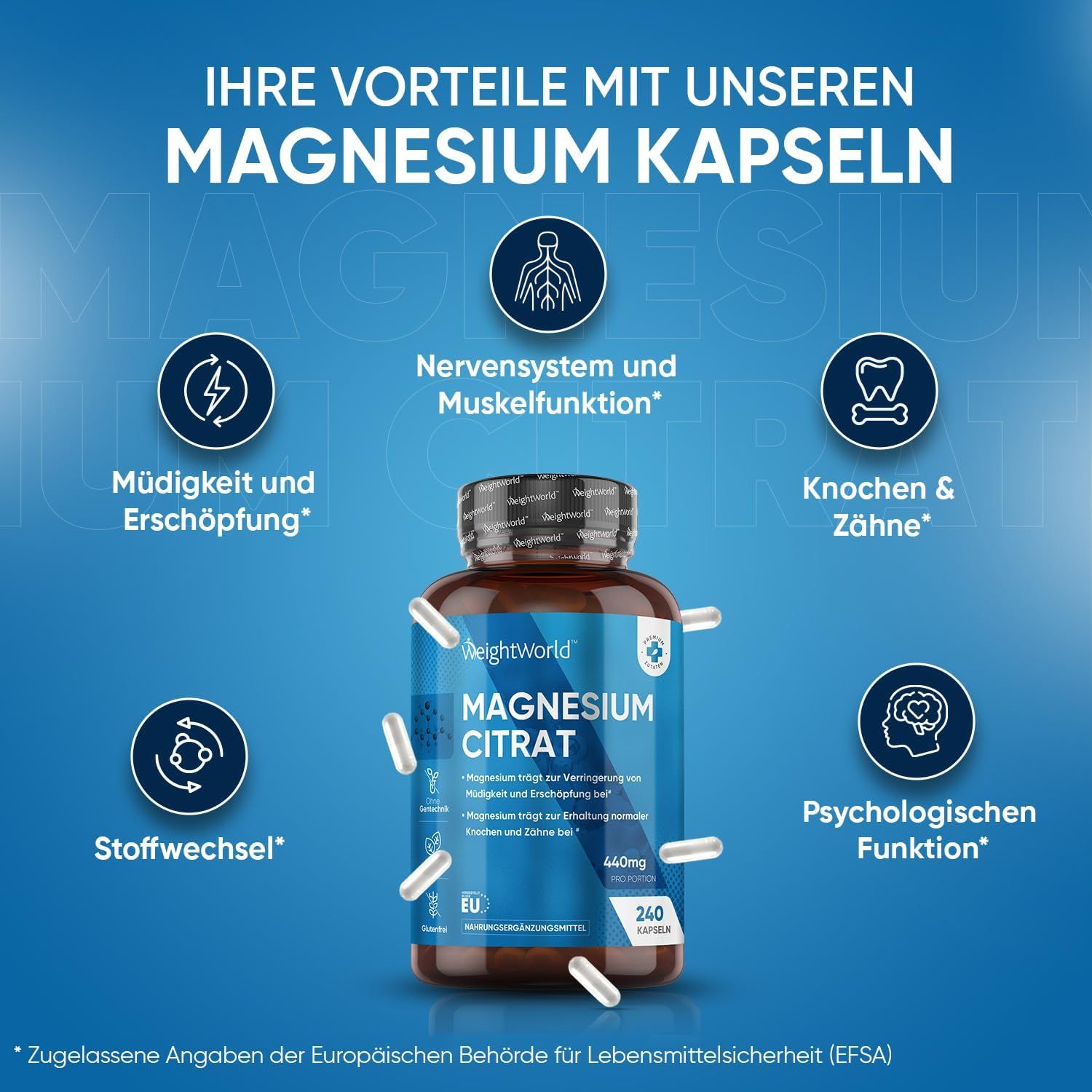 Flacone di Magnesium Citrato e capsule. Testo: Vantaggi con le capsule di magnesio. 240 capsule. Certificazione UE.