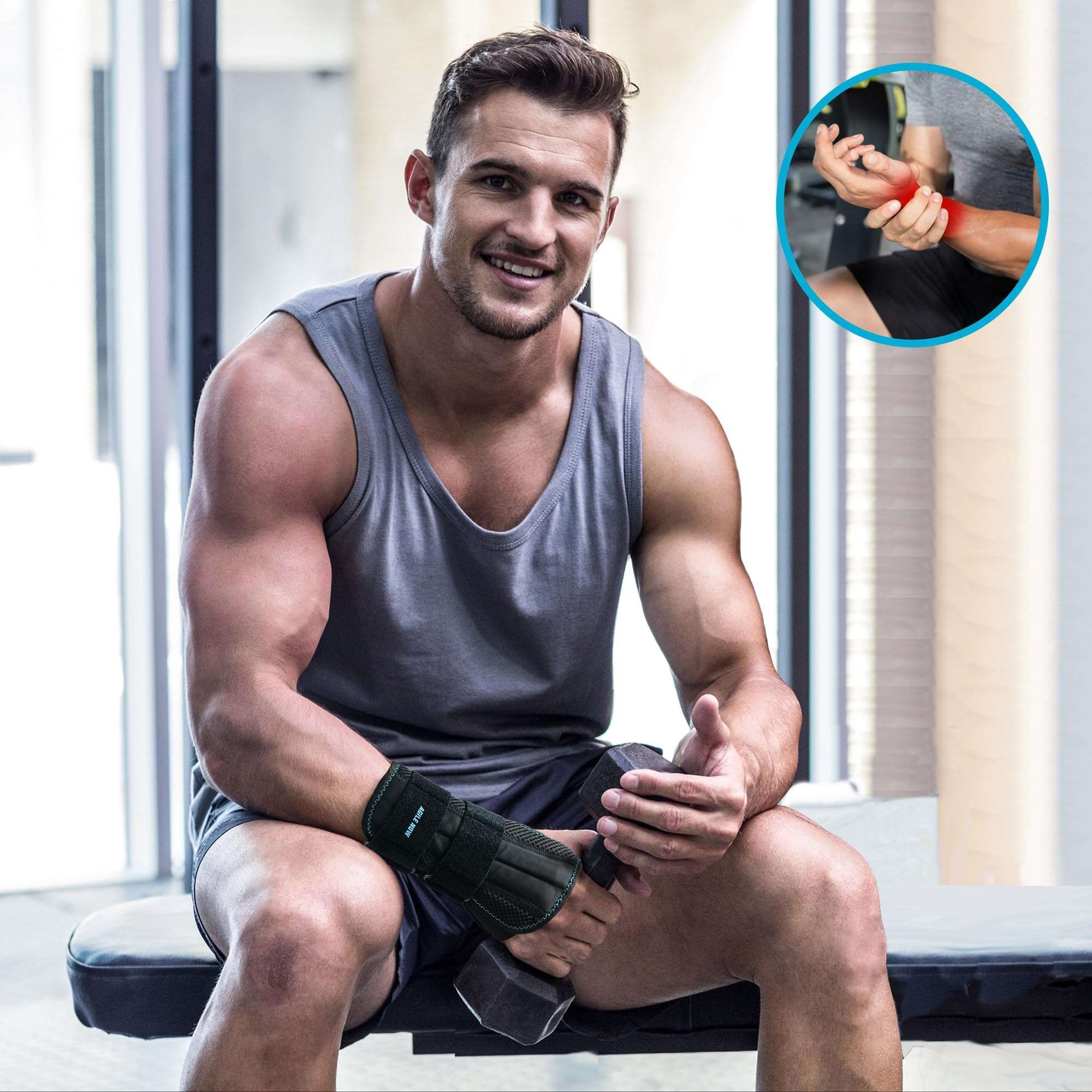 Uomo con tutore per polso. Nero, con velcro. Testo: AGILE NOW. In background: palestra. Inset: polso.