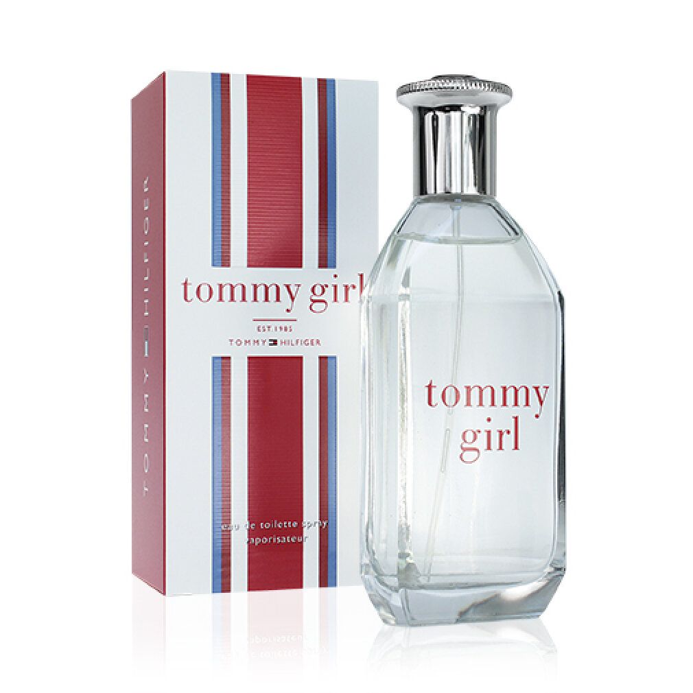 Flacone di Tommy Girl Eau de Toilette Spray e confezione. Flacone accanto alla scatola, con logo e nome.