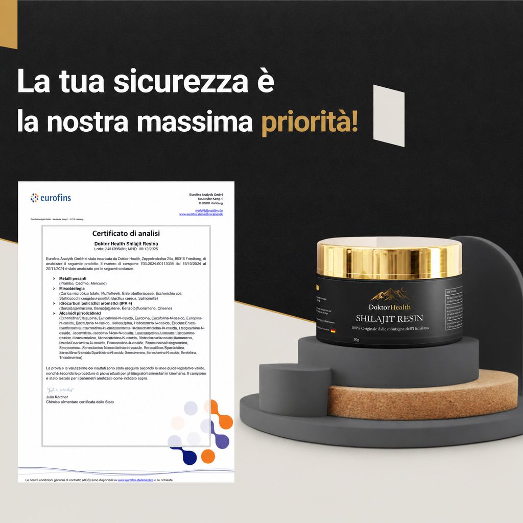 Vasetto di Doktor Health Shilajit Resin su piedistallo accanto a un certificato Eurofins.