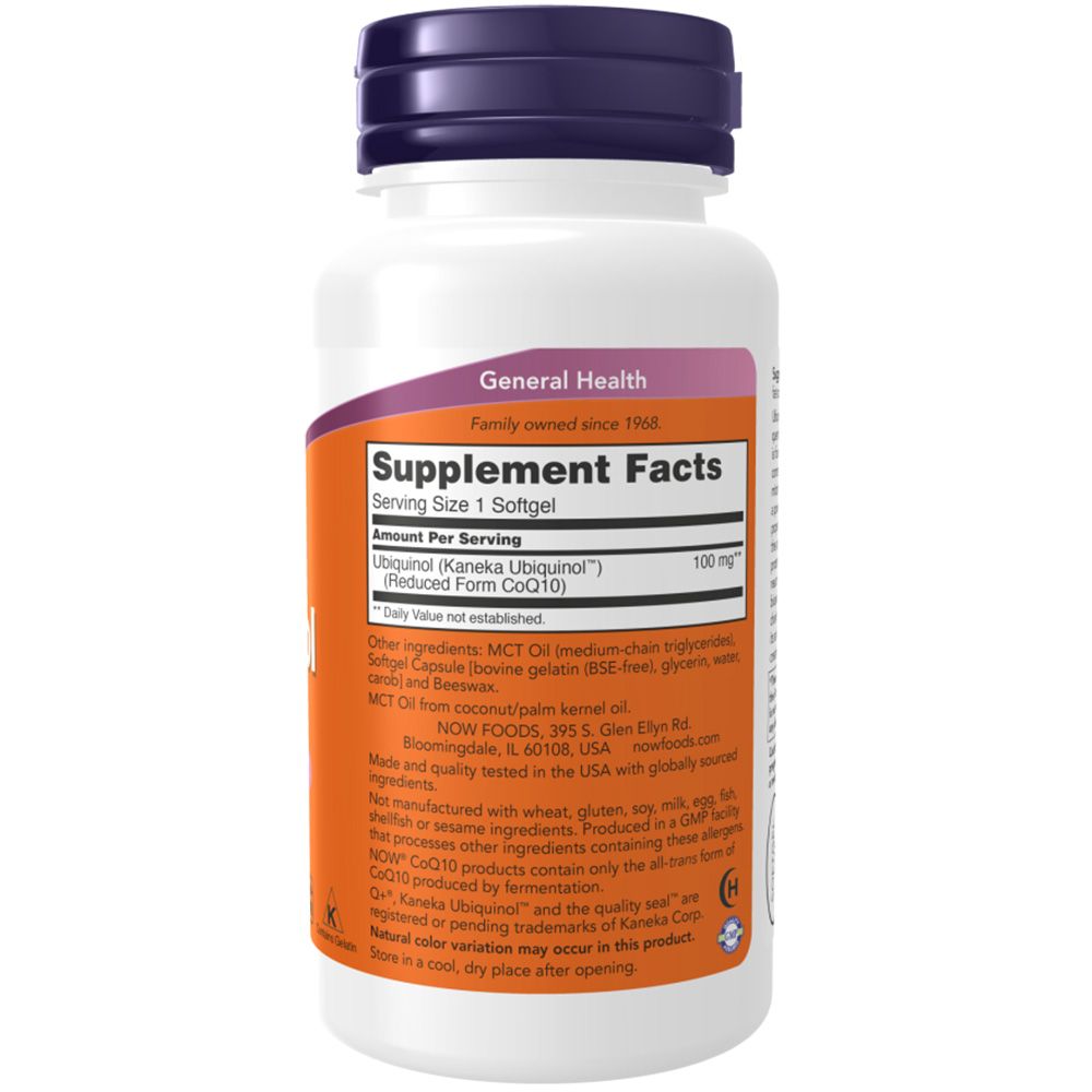 Flacone bianco con tappo viola ed etichetta arancione. Testo: Supplement Facts, Ubiquinol, 100 mg. Scritta: NOW FOODS.