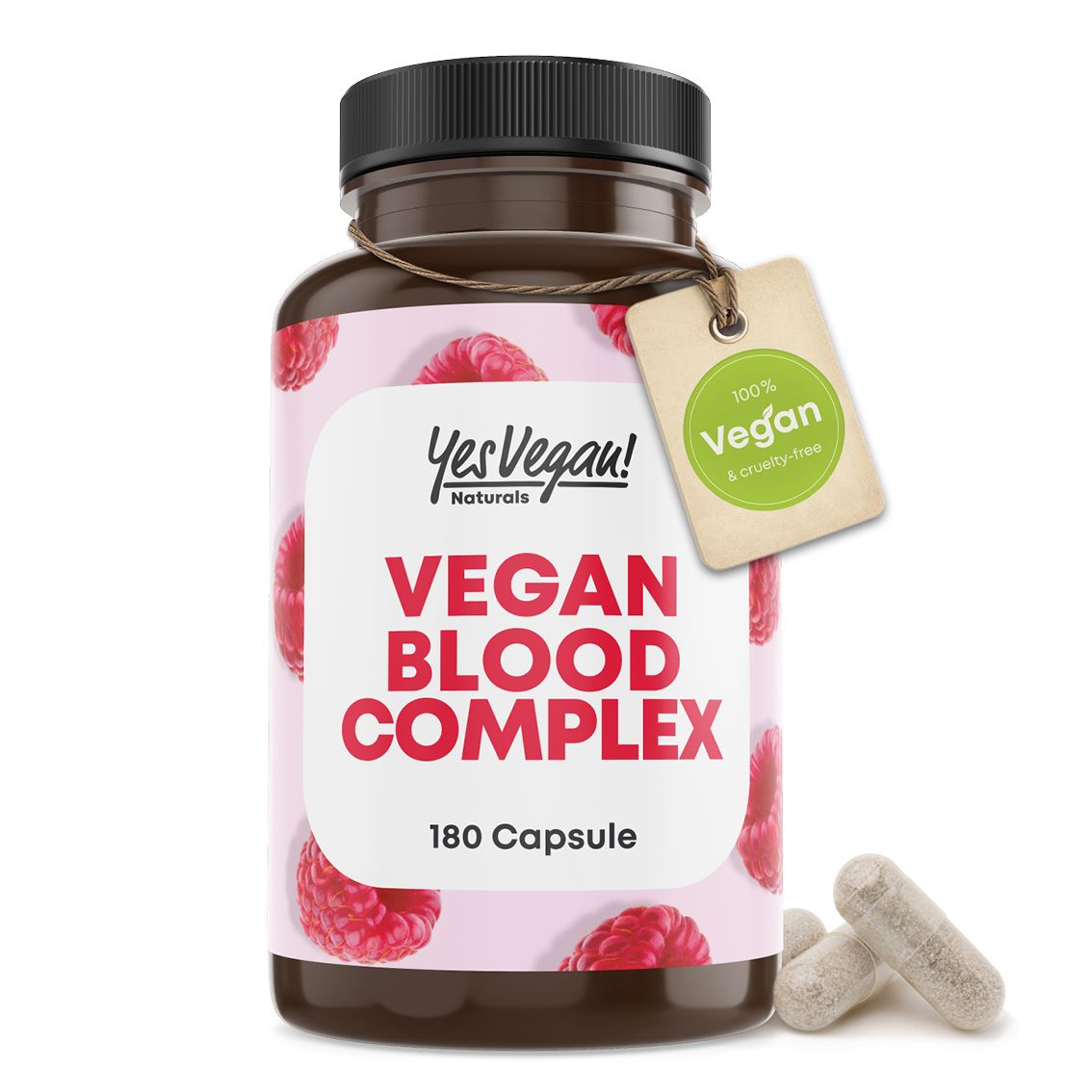 Flacone con motivo di lamponi, circondato da cerchi che mostrano vitamine e ingredienti (Italiano).