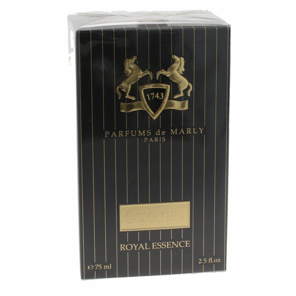 Confezione nera con logo Godolphin. Royal Essence. Marchio Parfums de Marly.