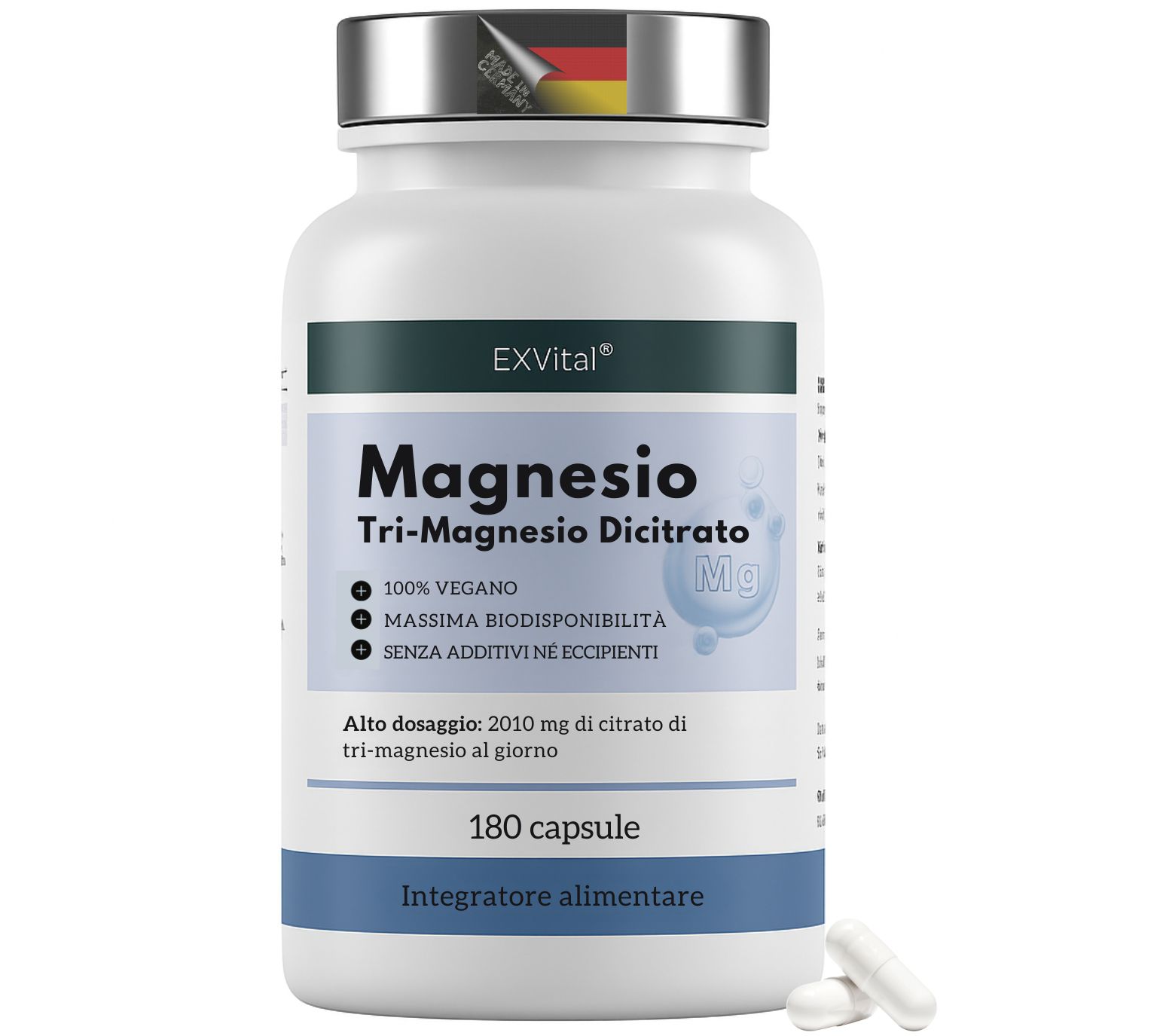 Flacone EXVital Magnesio Tri-Magnesio Dicitrato, 180 capsule, 100% vegano, alta biodisponibilità.