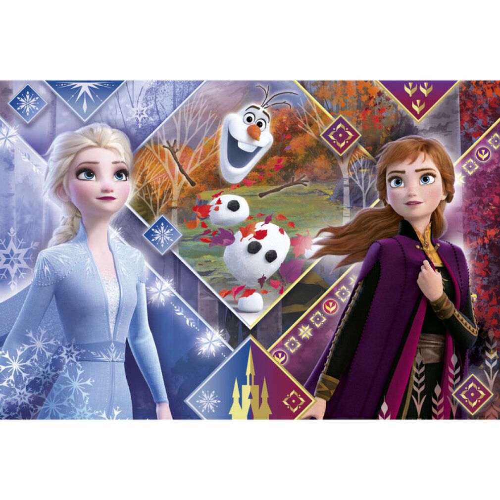 Motivo puzzle con Elsa, Anna e Olaf di Frozen II. 104 pezzi. Marchio Clementoni. Pezzi di puzzle con forme quadrate e triangolari.