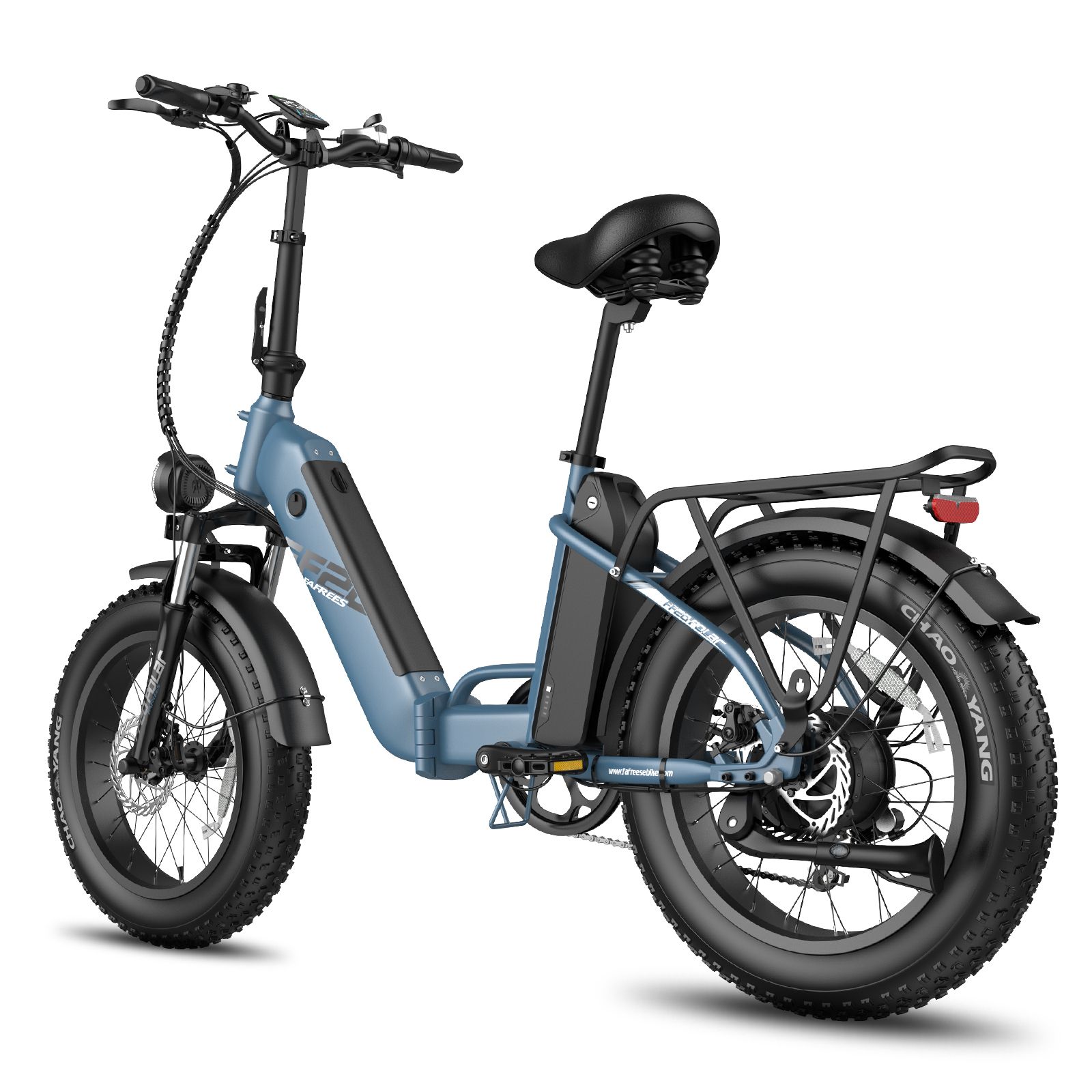 E-bike pieghevole blu. Pneumatici, sella e portapacchi neri. Fanale posteriore. Marchio Fafrees.