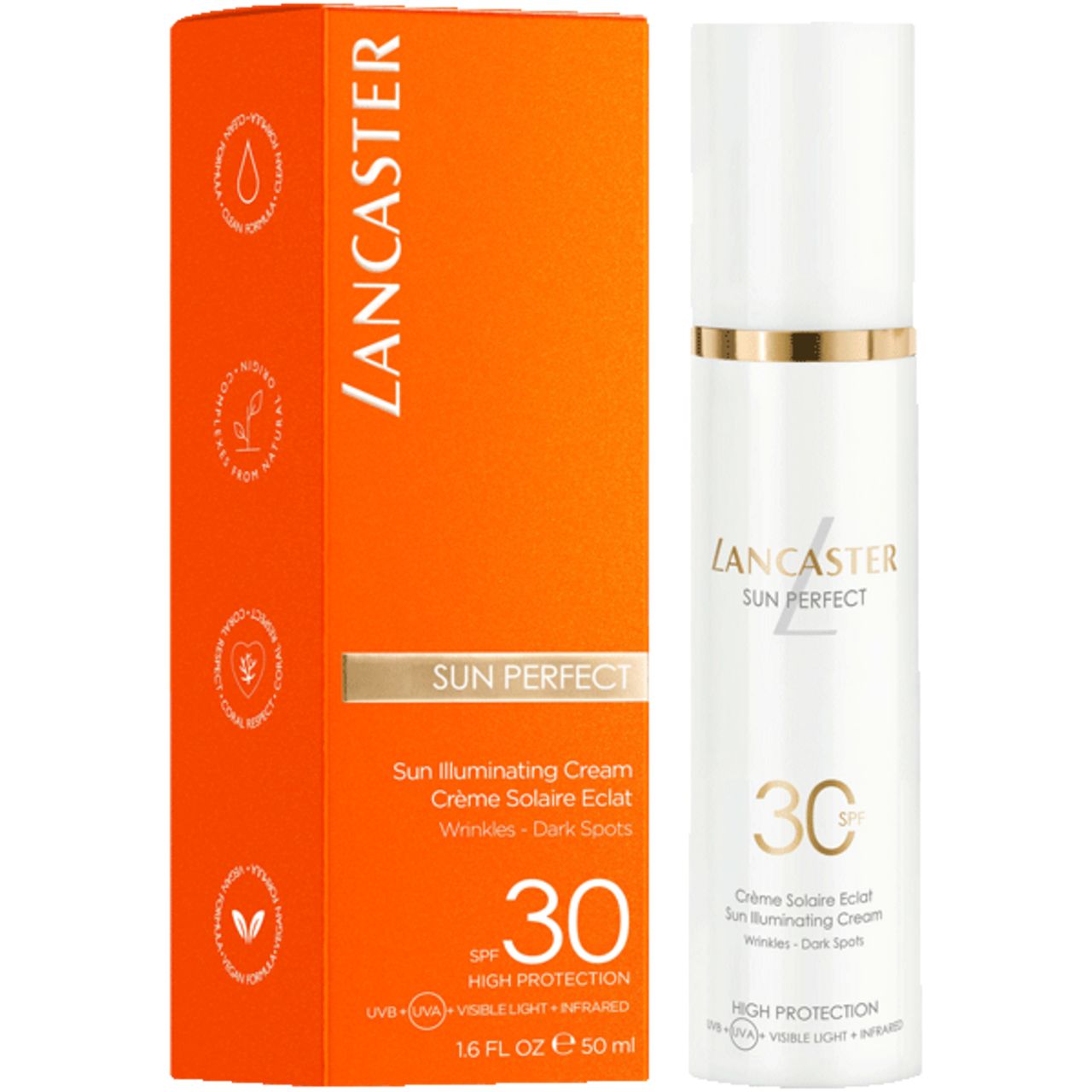 Confezione e flacone. Scatola arancione con flacone. Scritta: Lancaster Sun Perfect 30 SPF. Per macchie scure.