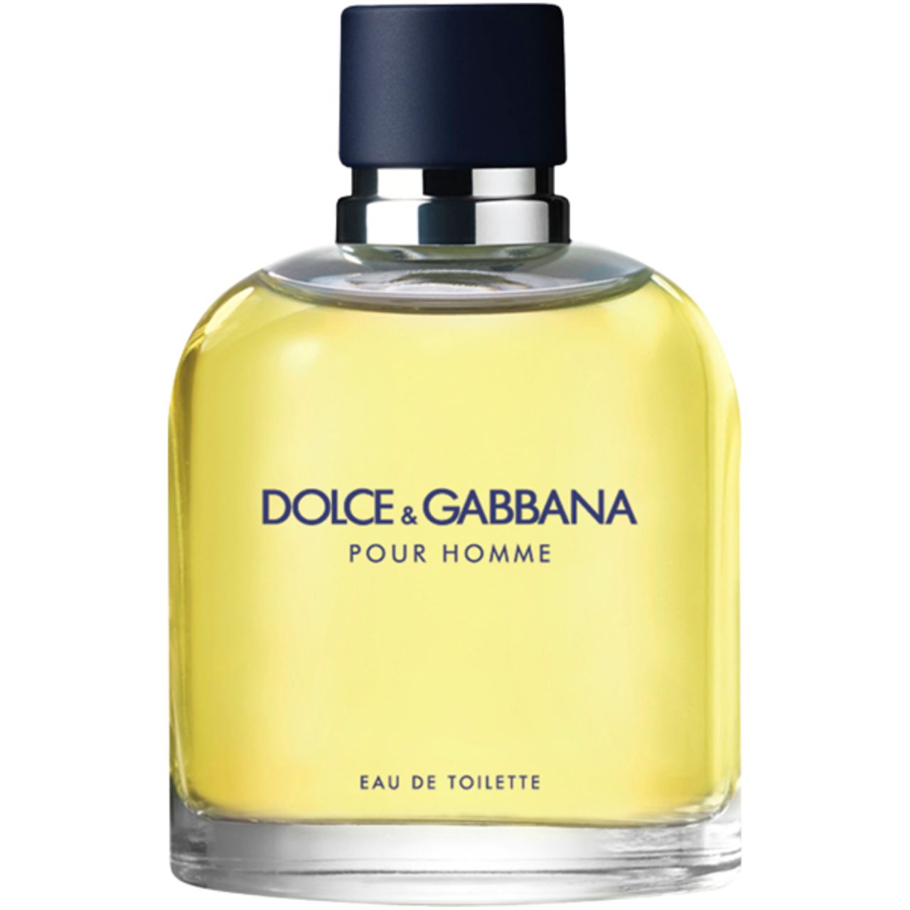 Flacone in vetro di Dolce & Gabbana Pour Homme EdT. Tappo nero. Liquido giallastro. Scritta nera: marchio, nome prodotto e 'Eau de Toilette'.