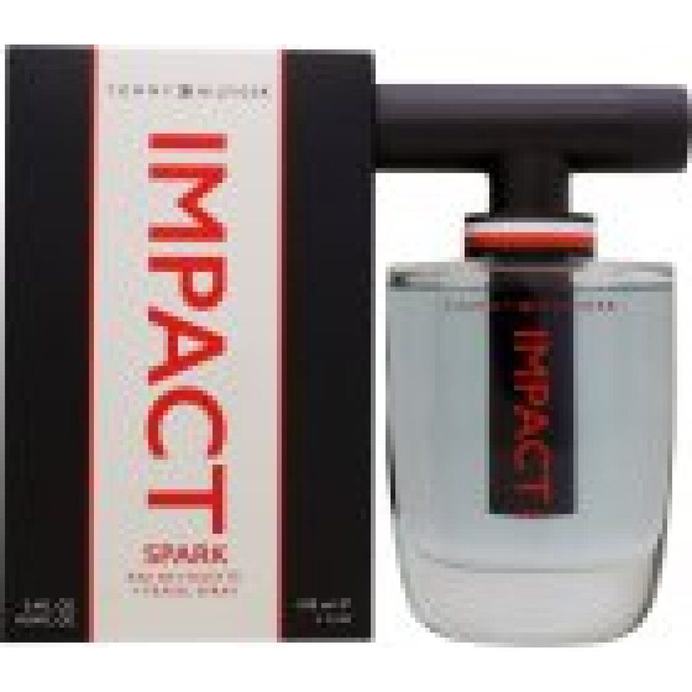 Tommy Hilfiger Impact Spark Eau De Toilette Spray e confezione. Flacone con tappo nero e scritta rossa "IMPACT". Confezione nera.