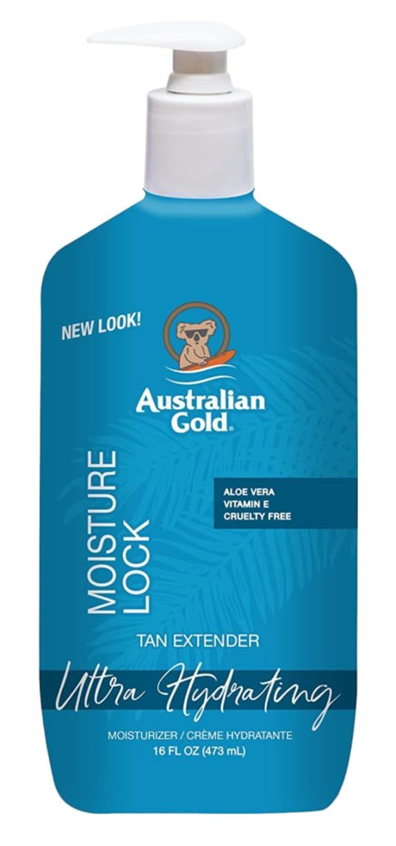 Flacone blu-turchese con pompa. Scritta: Moisture Lock, Tan Extender, Ultra Hydrating Formula. Marchio: Australian Gold. Aloe Vera, Vitamina E.