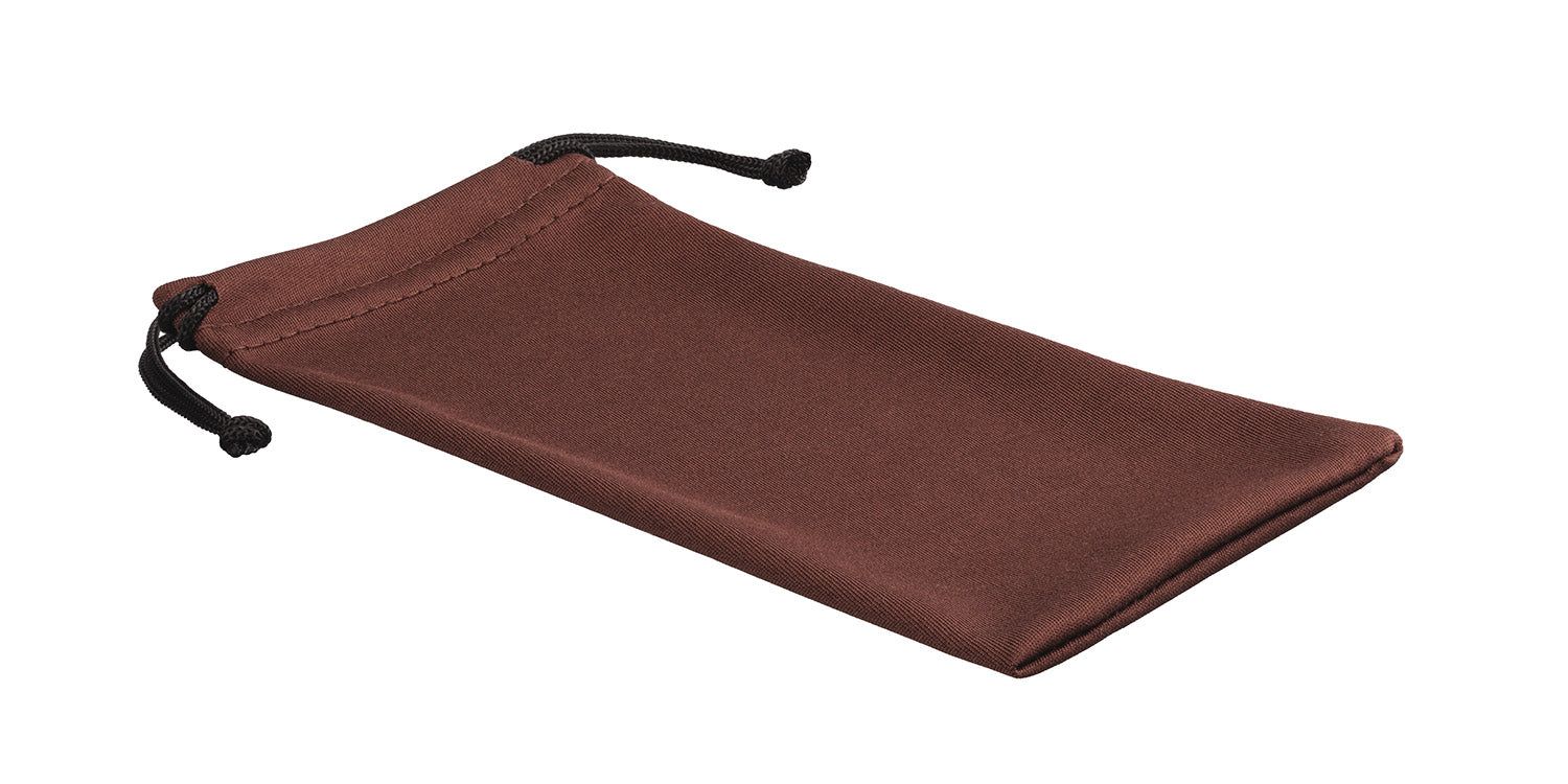Custodia in microfibra marrone con coulisse nera. Vista obliqua.