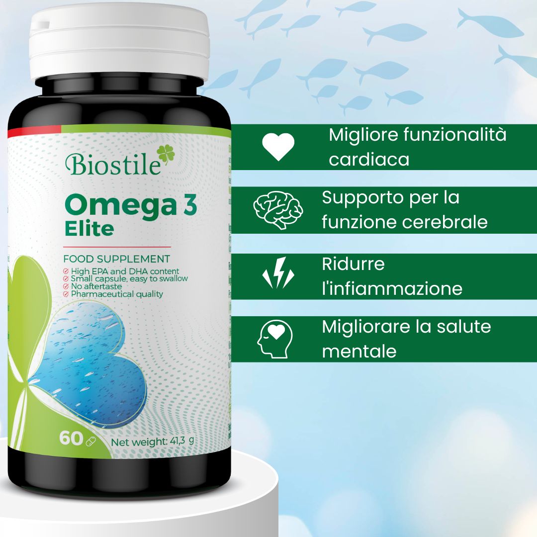 Flacone Biostile Omega 3 Elite, 60 capsule. Scritta: Omega 3 Elite, 41,3 g. Vantaggi: cuore, cervello, infiammazione, psiche.