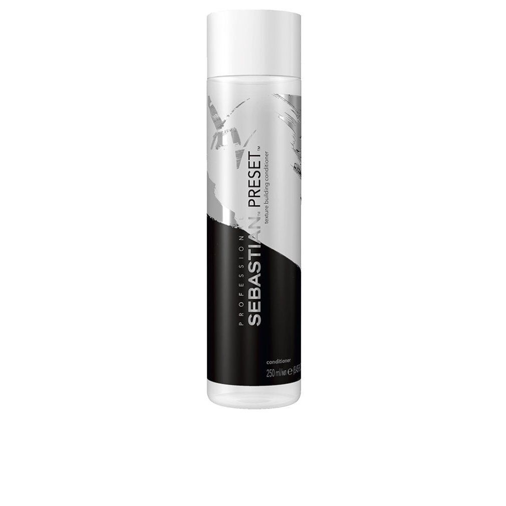 Flacone di balsamo. Design bianco e nero. Scritta: Sebastian. Preset. Balsamo texture. 250 ml.