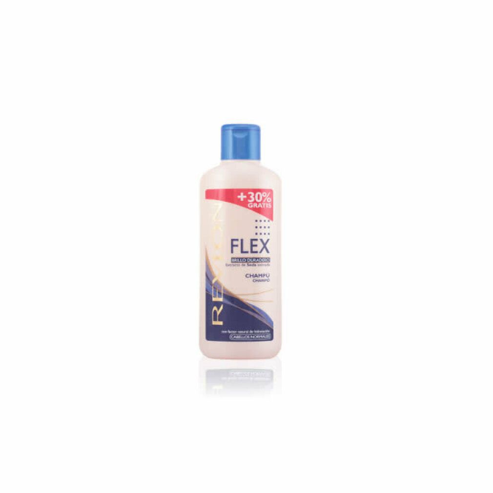 Flacone di shampoo Revlon Flex, bianco con tappo blu. Testo: Flex, Shampoo, +30% gratis.