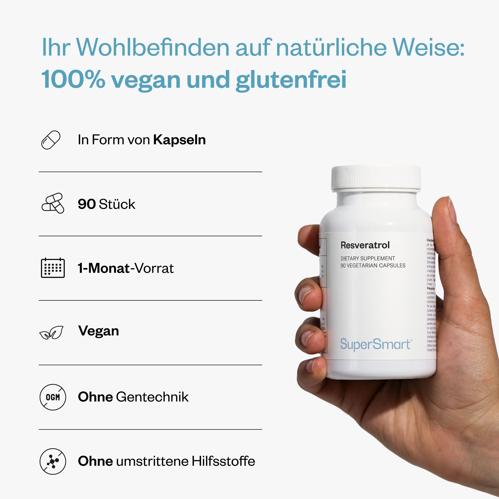 Mano che tiene un flacone bianco di capsule di resveratrolo. Marchio SuperSmart. 90 capsule, vegano, senza glutine, senza OGM, senza eccipienti.