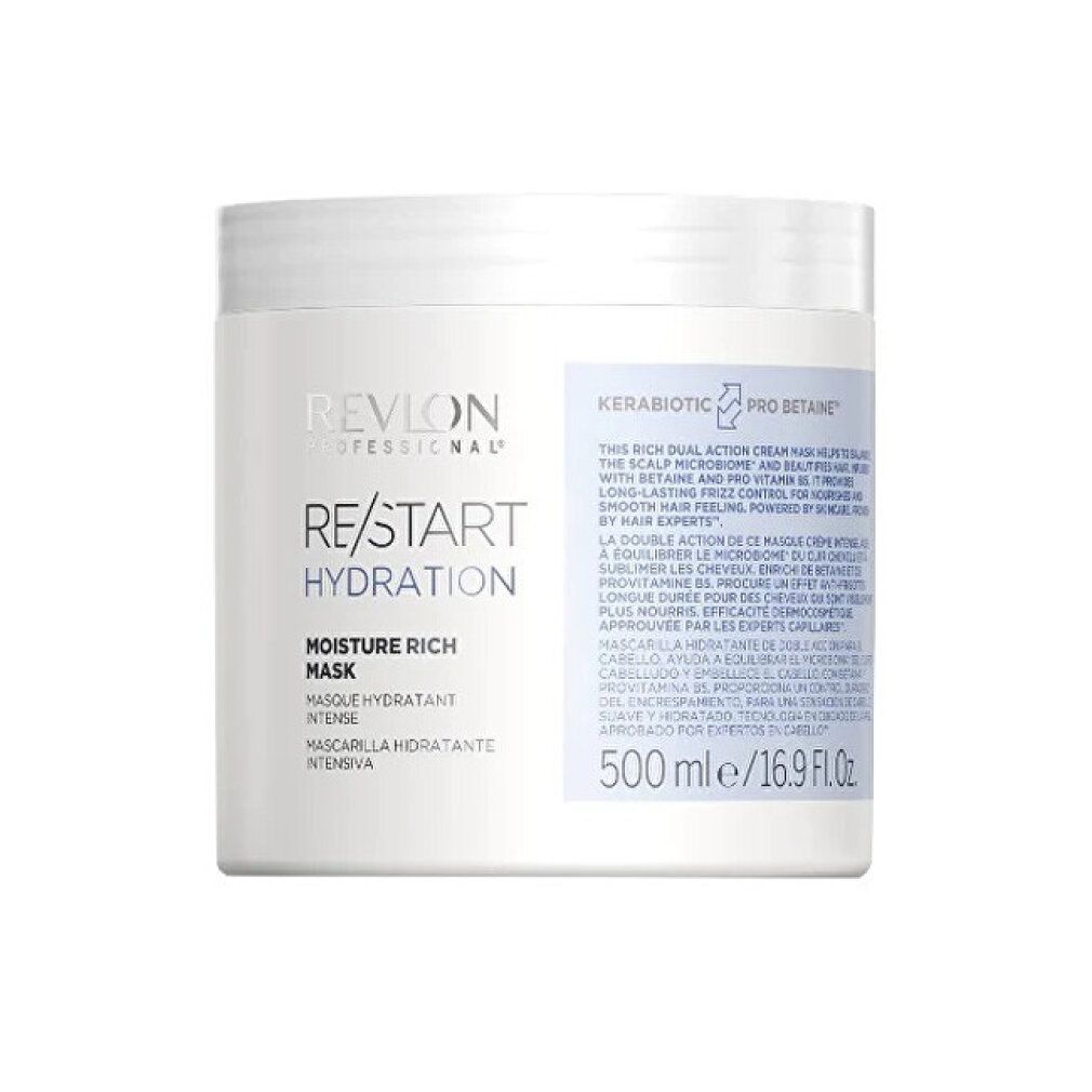Vaso bianco Revlon Professional Re/Start Hydration. Testo: Moisture Rich Mask, 500 ml. Kerabiotic Pro Betaine.