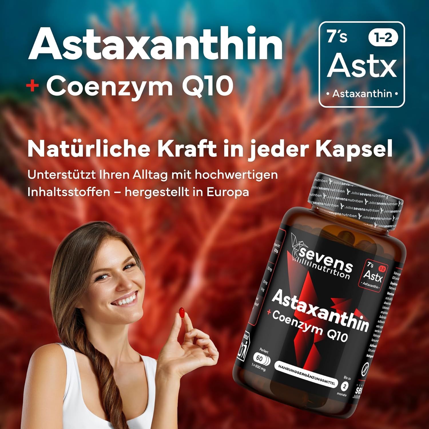 Donna tiene in mano una capsula di astaxantina, accanto una bottiglia di astaxantina + coenzima Q10.