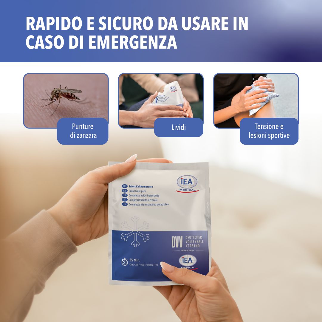 Mani che tengono un impacco freddo. Testo: Applicazione rapida in caso di emergenza. Immagini: punture di zanzare, lividi, tensioni.