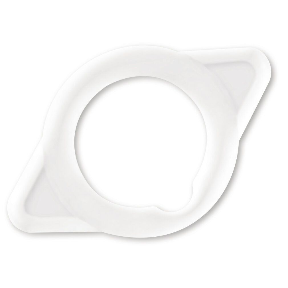 Articolo bianco a forma di anello con due rigonfiamenti laterali. Caratteristica del prodotto per la salute intima.