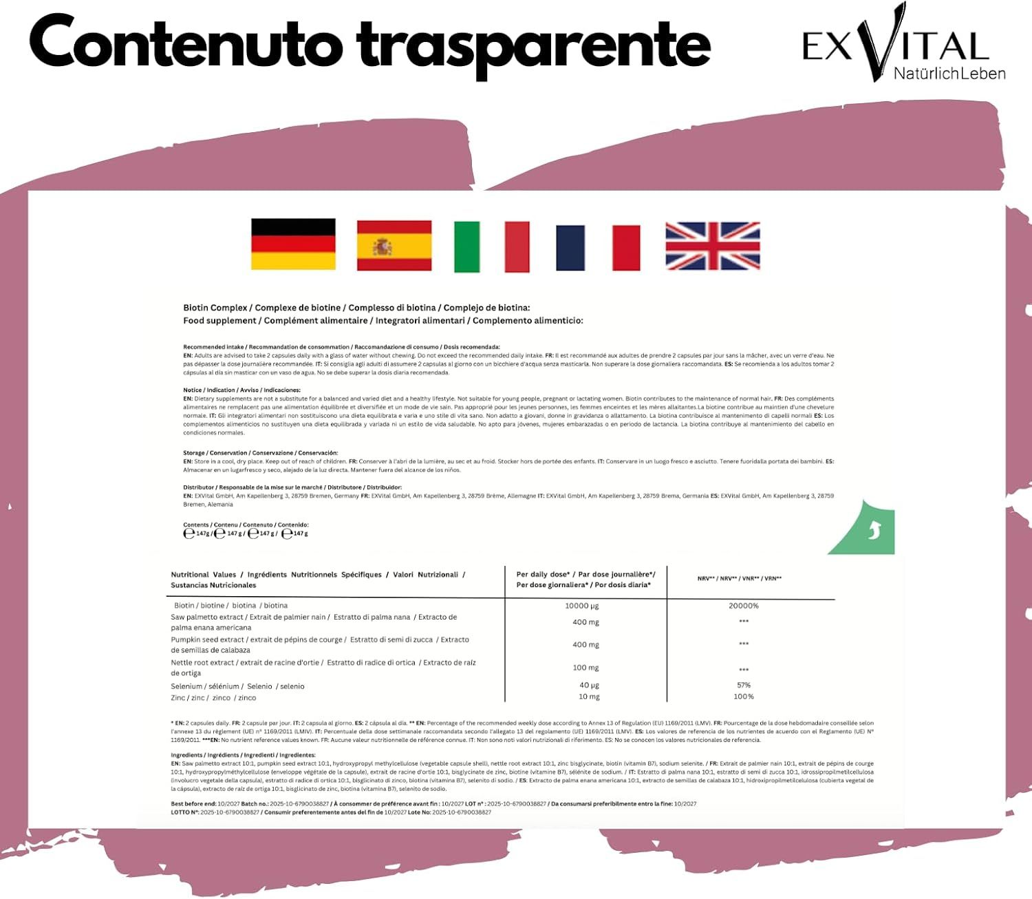 Contenuto trasparente. Testo: Informazioni nutrizionali. Ingredienti: Biotina, palma nana, zucca, ortica. Dosaggio.