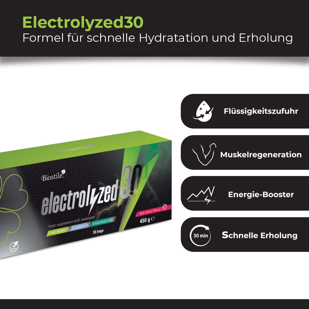 Scatola di polvere di elettroliti Biostile Electrolyzed30 con vantaggi: idratazione, rigenerazione muscolare, energizzante.