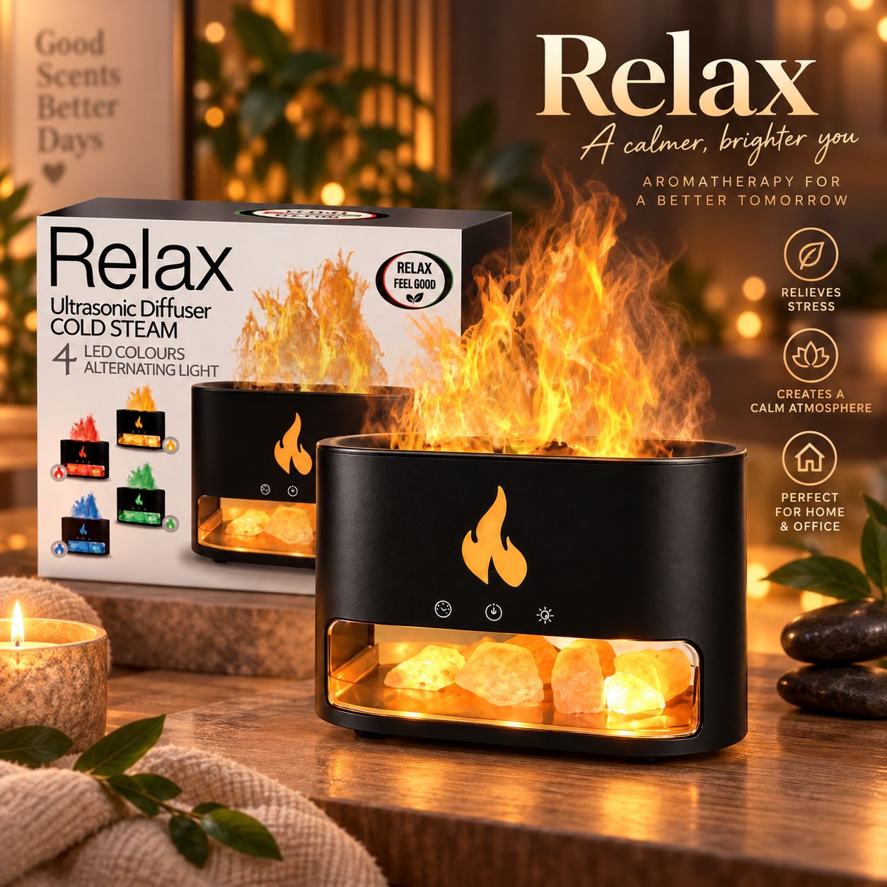 Diffusore a ultrasuoni nero con effetto fiamma e illuminazione a LED. Contiene pietre di sale.