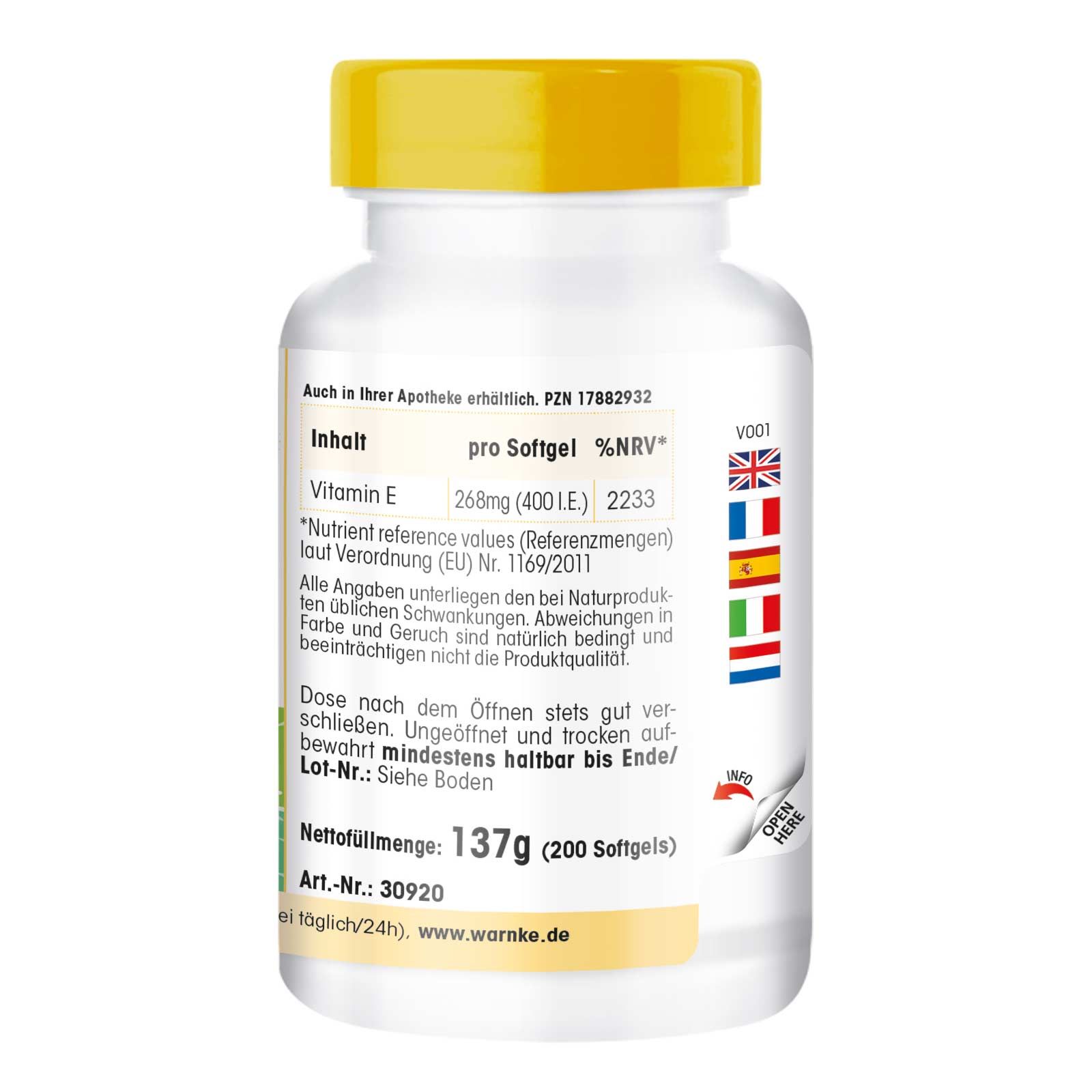 Retro di un flacone bianco con tappo giallo. Testo: Contenuto, Vitamina E, Peso netto 137g (200 softgels).