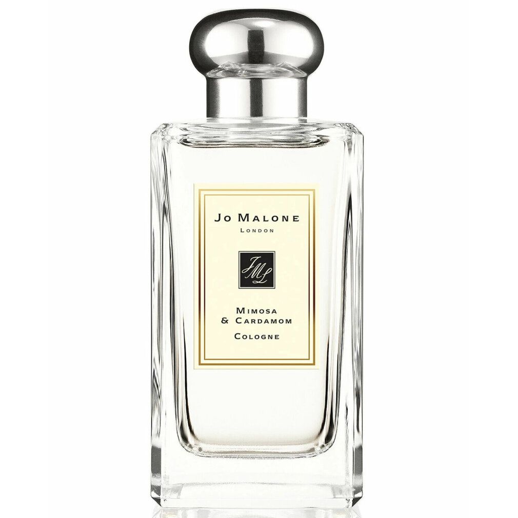 Flacone in vetro con tappo argentato. Scritta: Jo Malone London, Mimosa & Cardamom Cologne.