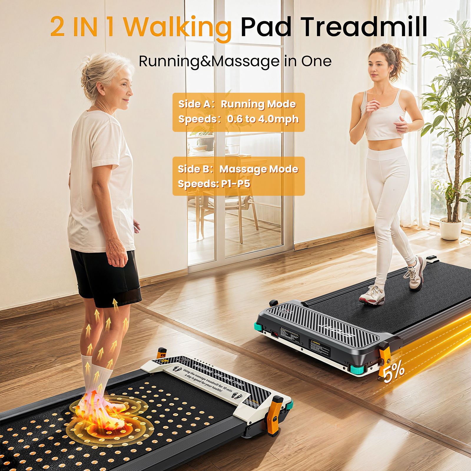 Testo: 2 IN 1 Tapis roulant Walking Pad. Due persone su tapis roulant. Testo: Side A: Running Mode. Side B: Massage Mode. Dettagli verdi e neri.
