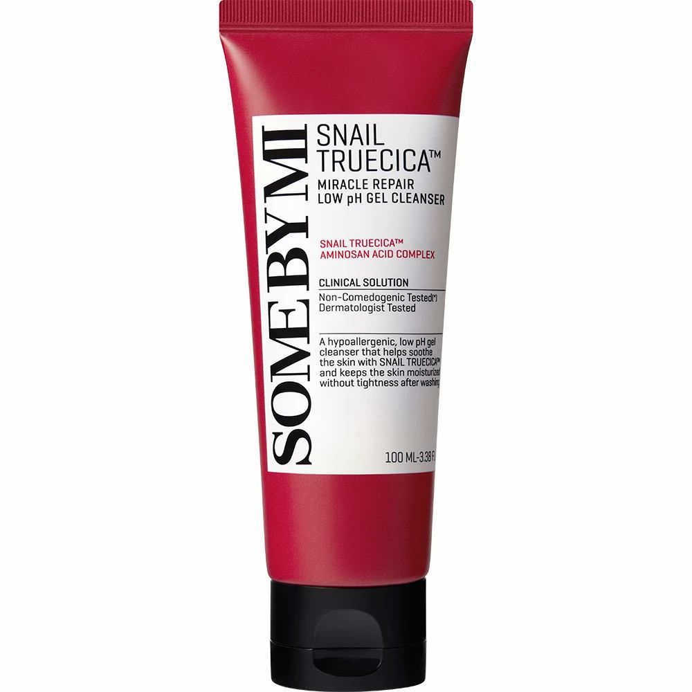 Tubo rosso con tappo nero. Scritta SOMEBYMI, Snail TrueCICA, Miracle Repair, Low pH Gel Cleanser.