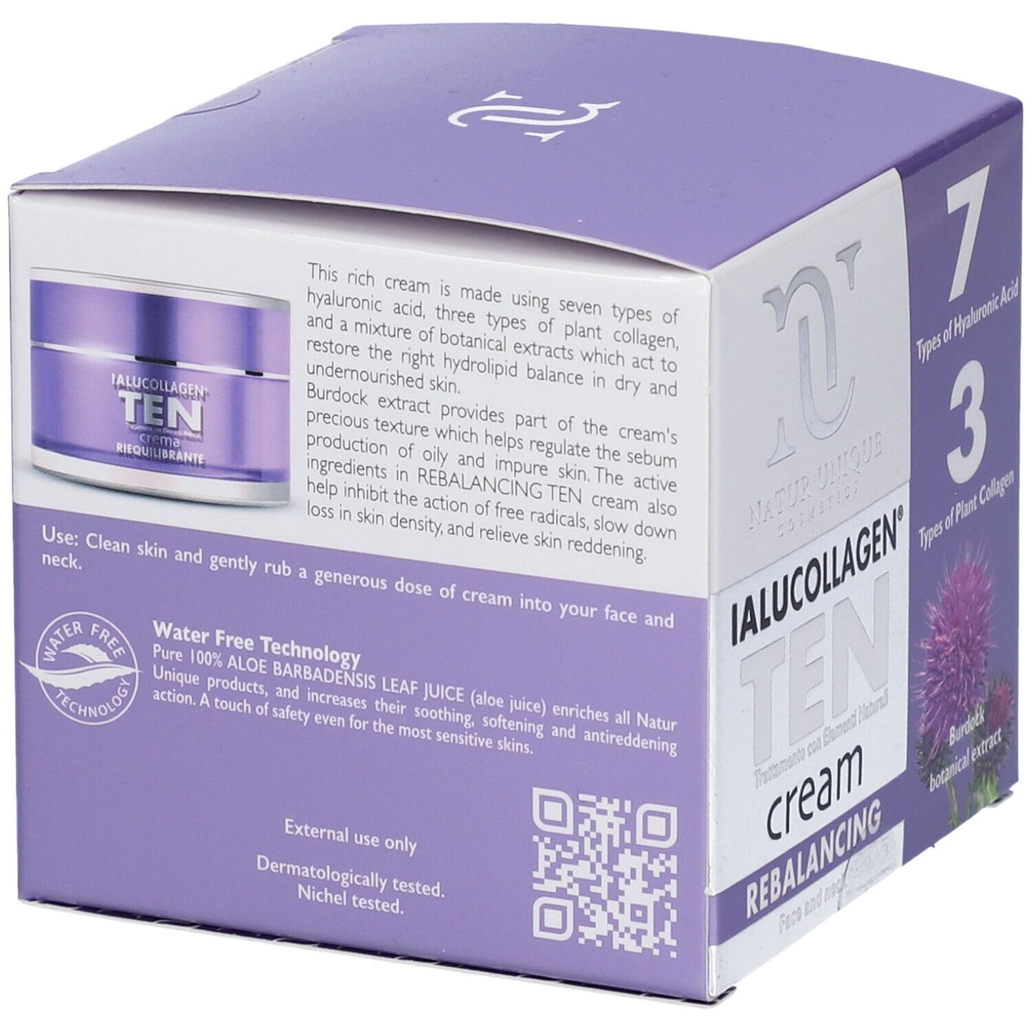 Confezione del prodotto Ialucollagen Ten Cream. Contiene 7 tipi di acido ialuronico e 3 di collagene vegetale. Testo e logo.