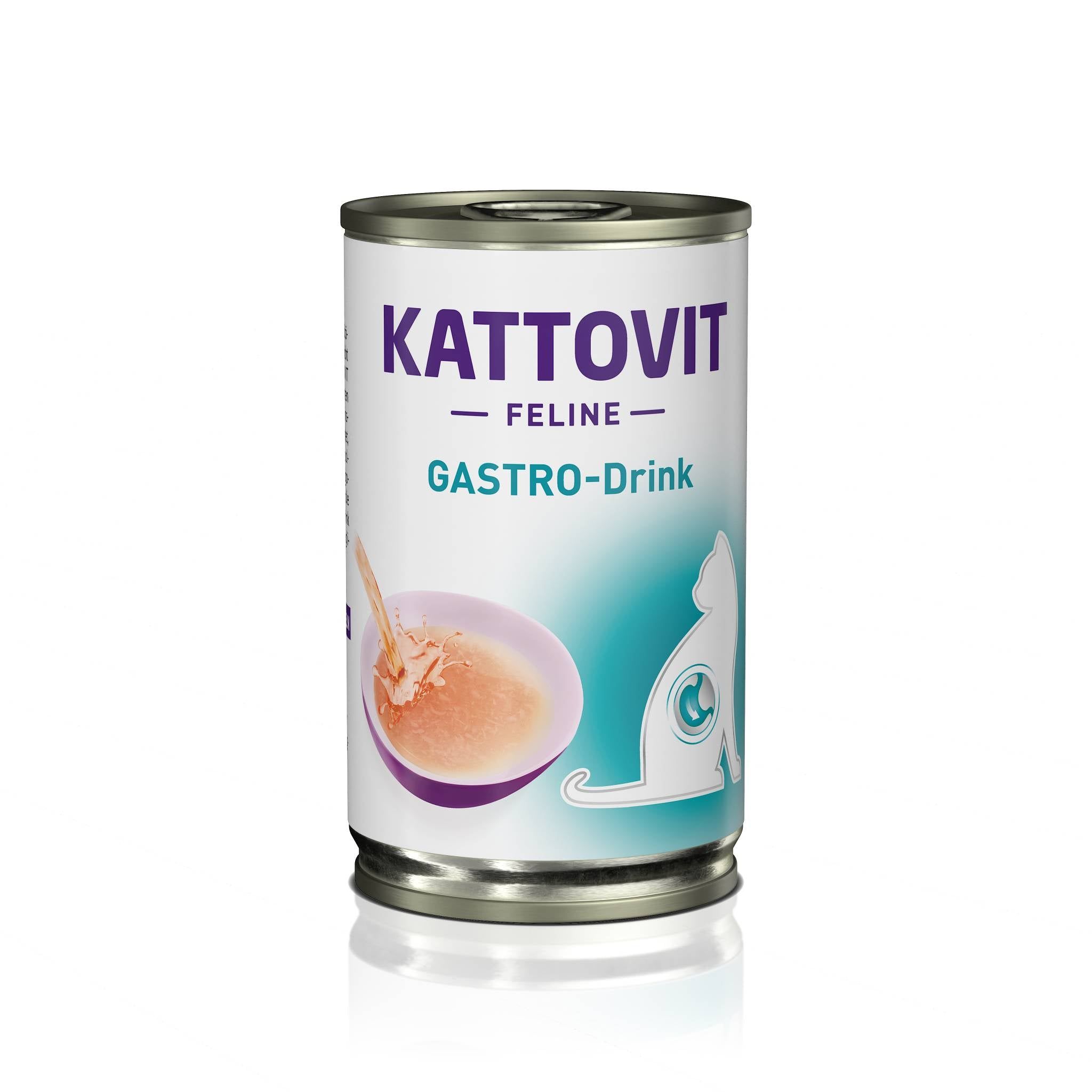 Lattina cilindrica con etichetta KATTOVIT Gastro-Drink. Immagine di un gatto e una ciotola con liquido.