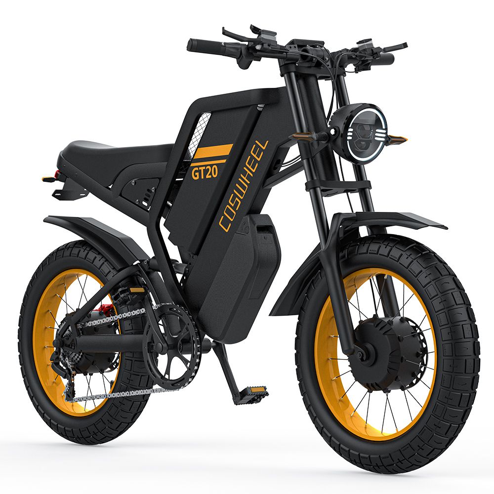 E-bike nero con cerchi gialli. Scritta GT20. Doppio motore, parafanghi, faro.