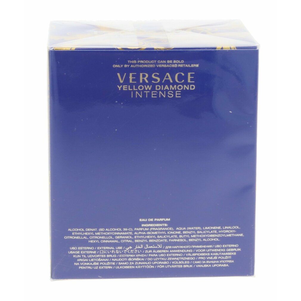 Retro della confezione blu. Testo: Eau de Parfum, ingredienti. Testo in più lingue.