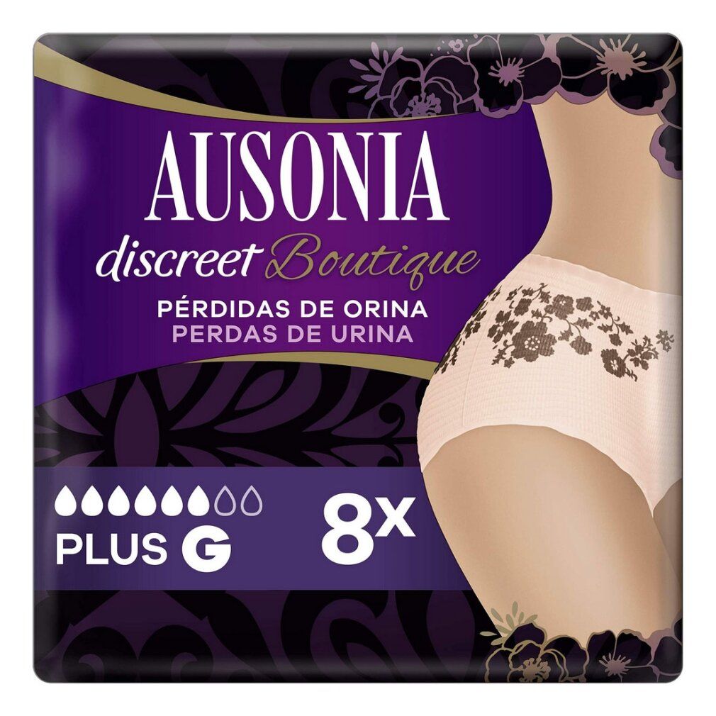 Confezione Ausonia Discreet Boutique. Scritta: 8 Pants, taglia G, 6 gocce. Illustrazione di donna con slip.