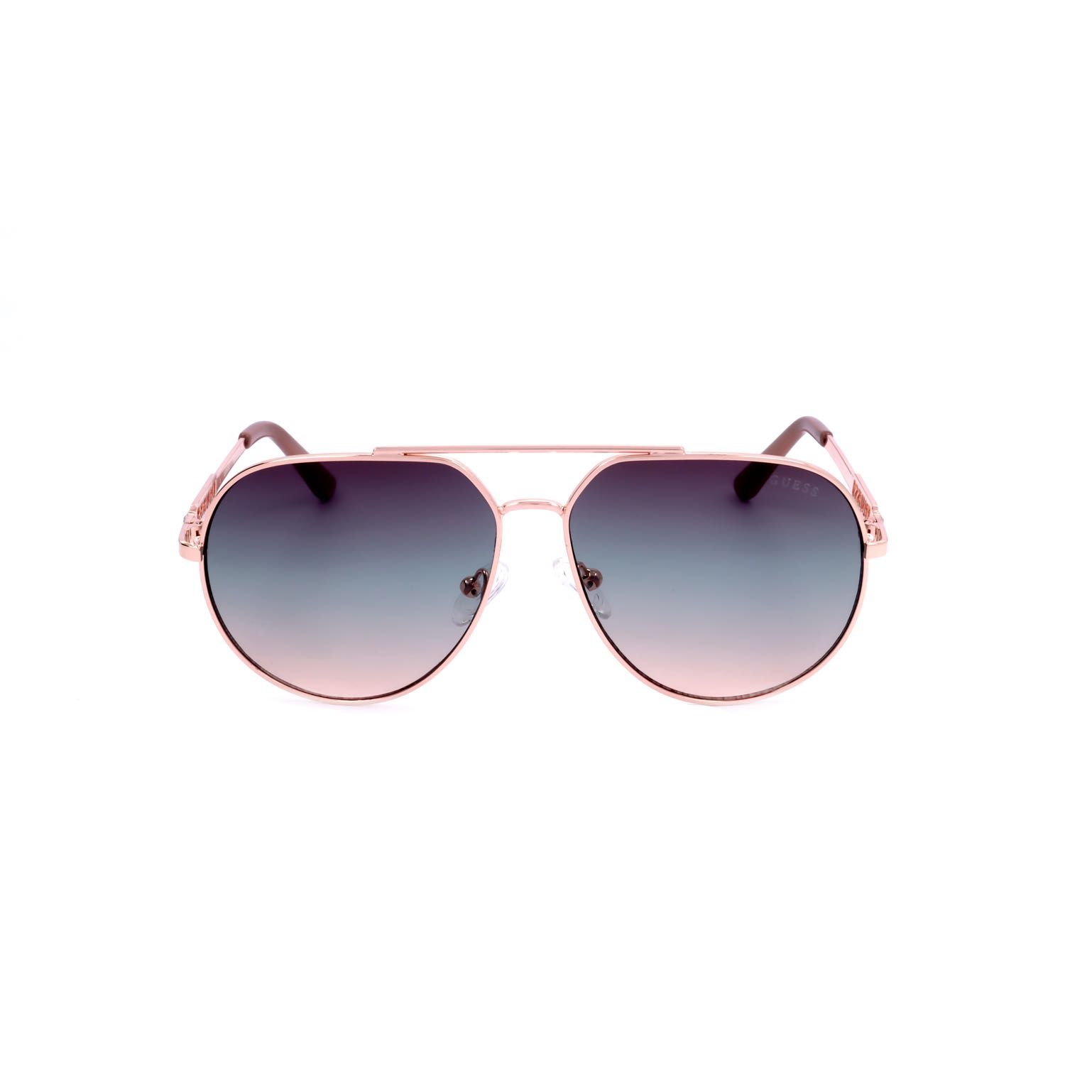 Occhiali da sole a goccia con montatura in metallo color oro rosa e lenti sfumate.