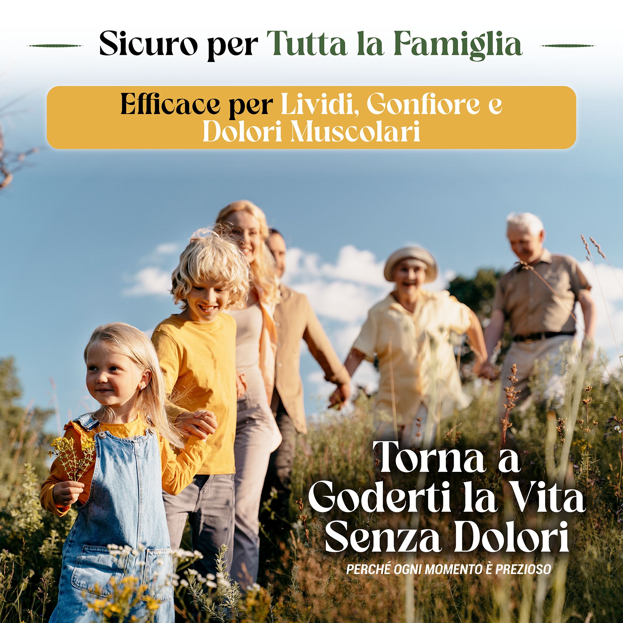 Famiglia che cammina all'aperto. Testo: Sicuro per tutta la famiglia. Efficace per lividi, gonfiori e dolori muscolari.