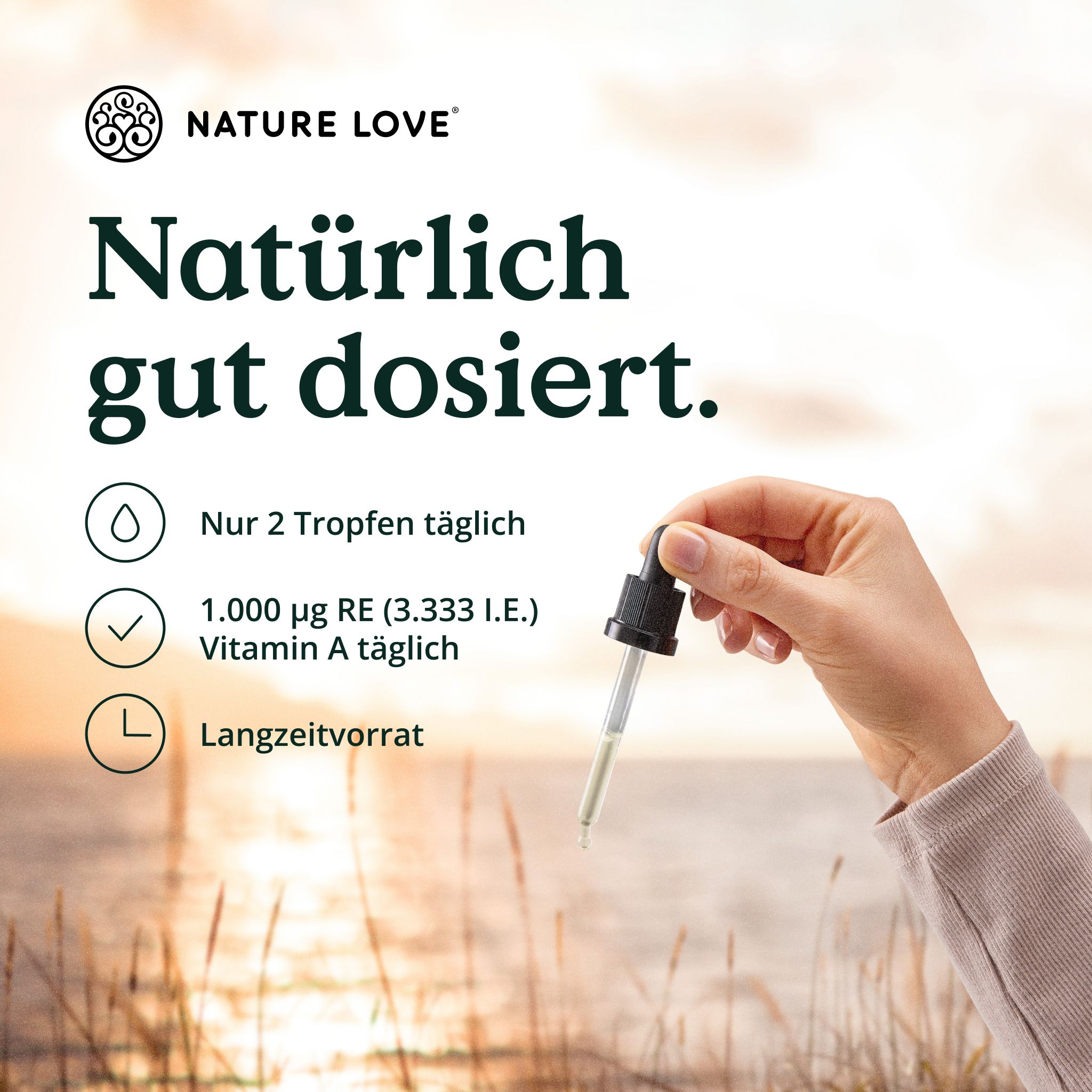Mano che tiene una pipetta con liquido, logo Nature Love, testo: Naturalmente ben dosato.