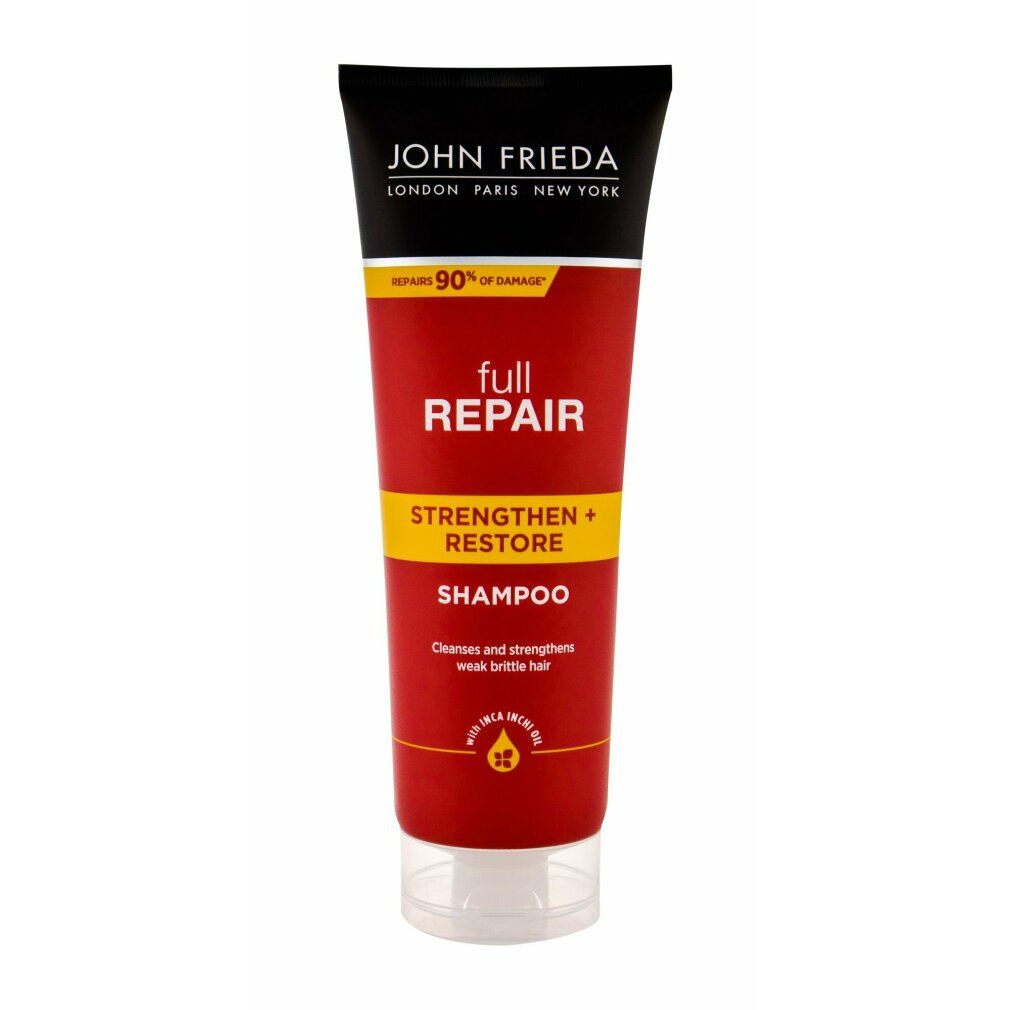 Shampoo John Frieda Full Repair. Tubo rosso con tappo nero. Testo: Full Repair, Strengthen + Restore, Shampoo.