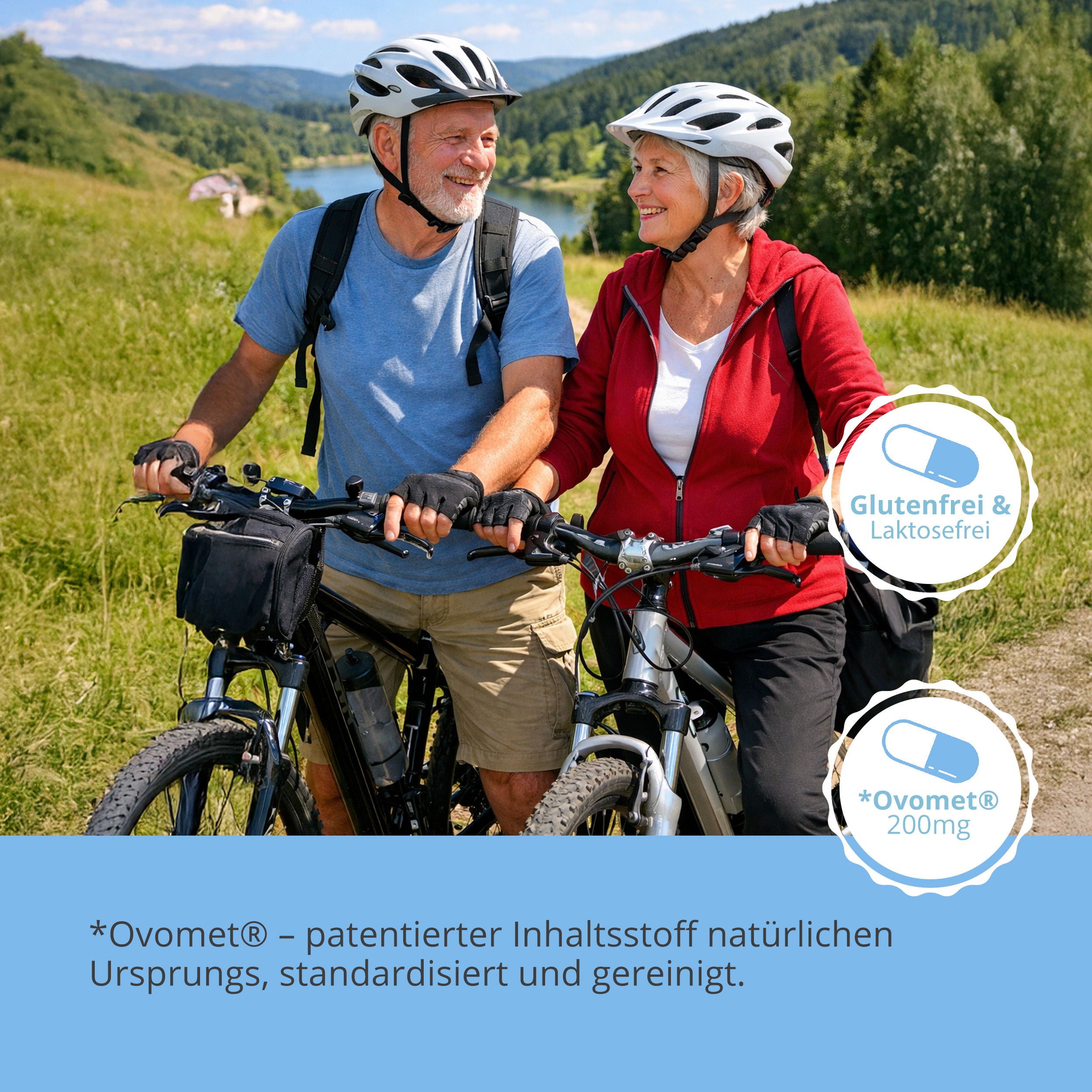 Coppia anziana in bicicletta, caschi. Testo: Senza glutine e lattosio, Ovomet® 200mg. Sfondo: natura.