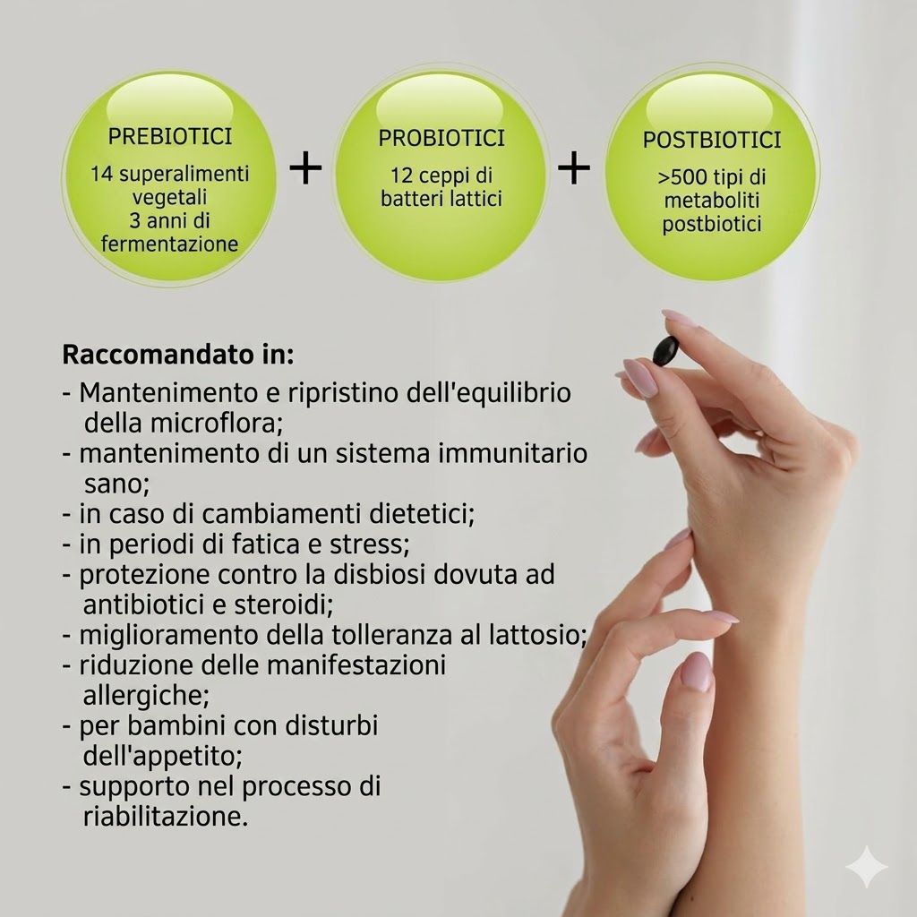 Tre cerchi con testo: Prebiotici (14 superalimenti vegetali, 3 anni di fermentazione), Probiotici (12 ceppi di batteri lattici), Postbiotici (>500 tipi di metaboliti postbiotici). Una mano tiene una capsula.
